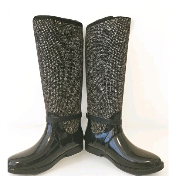 Michael Kors MK CHARM Black White Stretch Tall Rain Boots Shoes Size 6 - Picture 3 of 10
